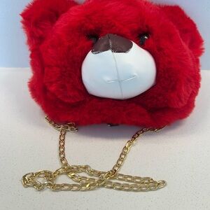 Red Teddy Bear Fur Purse with Gold Chain